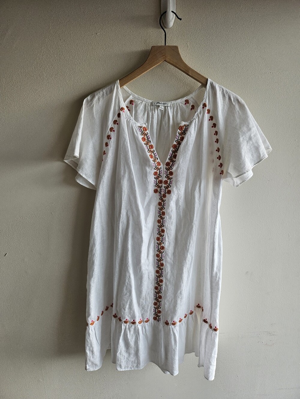Madewell Embroidered Linen-Blend Raglan Ruffle Mini Dress Medium - Picture 2 of 5